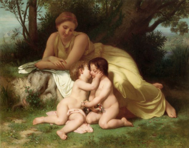 Женщина, наблюдающая за двумя обнимающимися детьми 1861. Вильям-Адольф Бугро